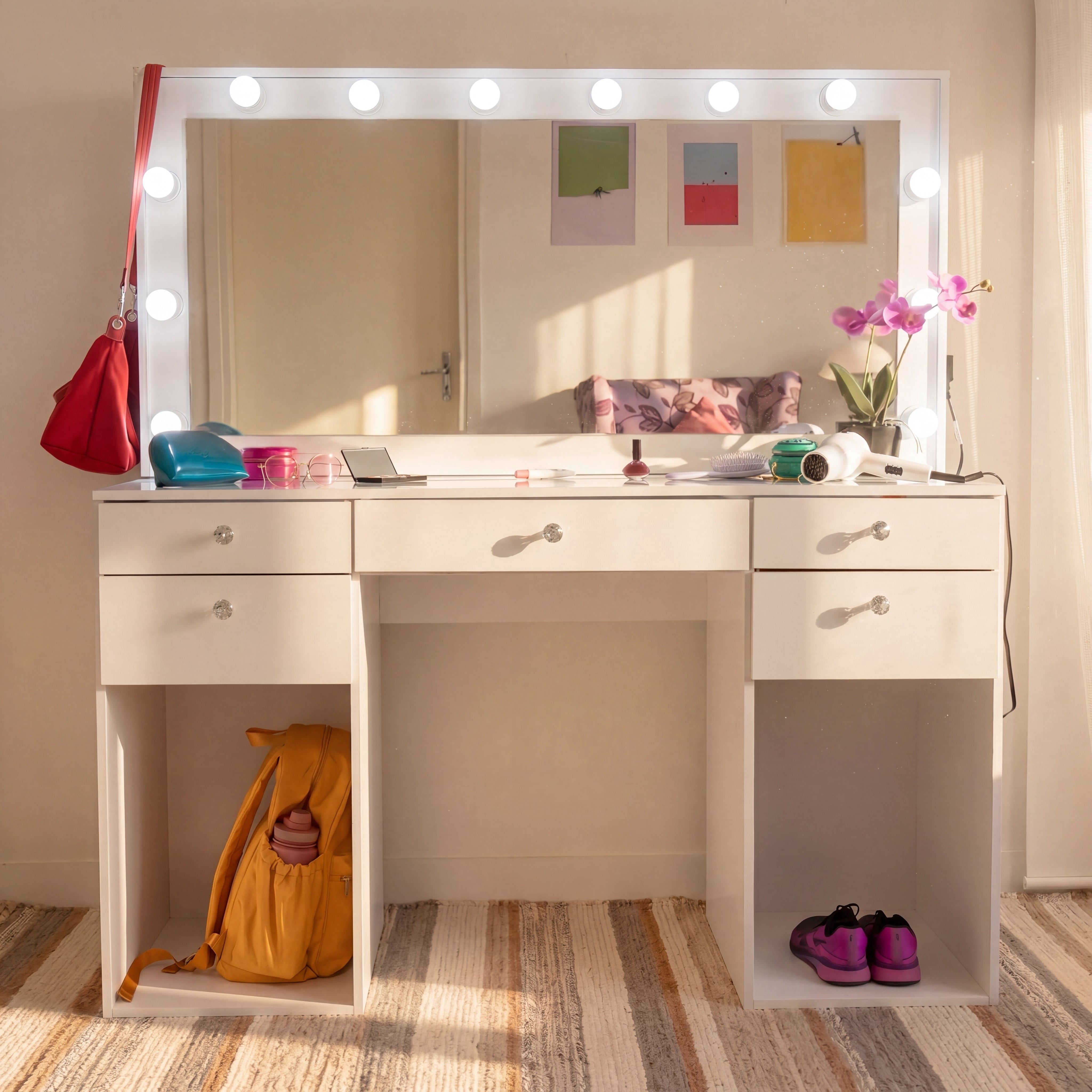 Boahaus Verona Large Vanity Desk with Mirror and Lights – Makeup Vanity Table with Storage and Power Outlet for Adults