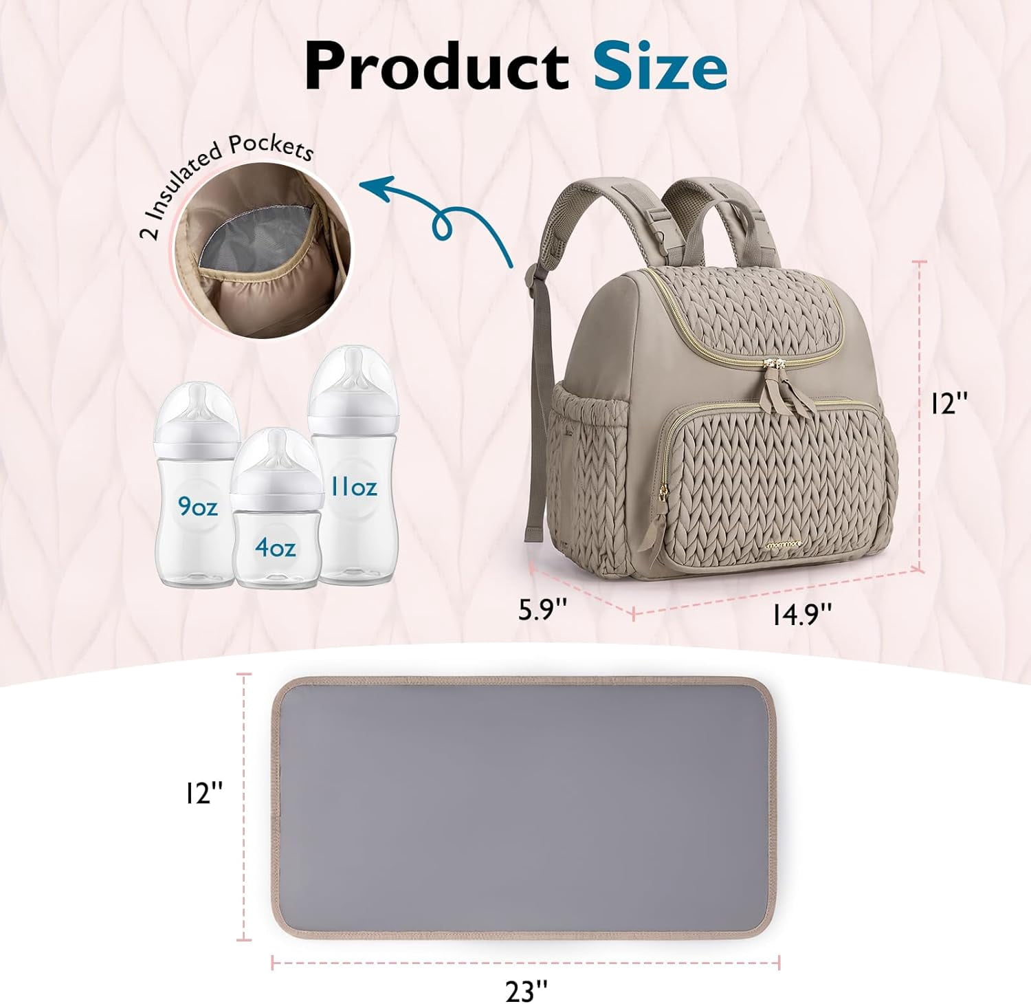 Diaper Bag Backpack Large Baby Bag for Boys Girls Quilted Travel Diaper Backpack with Changing Pad, Stroller Straps