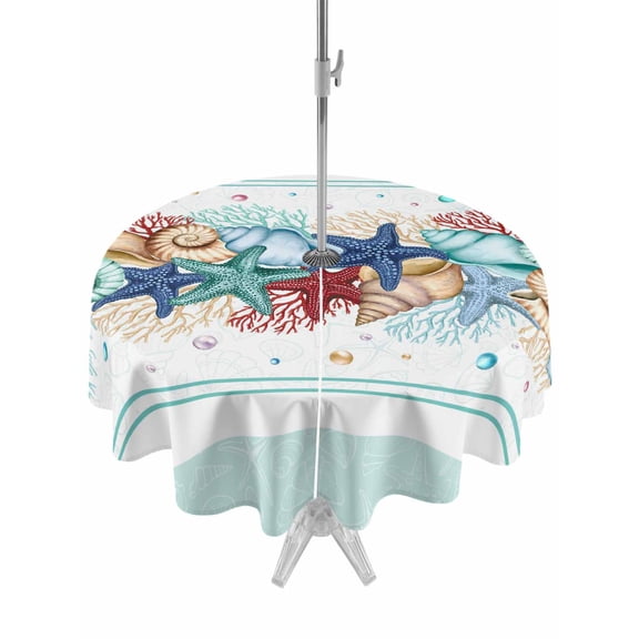 Outdoor Tablecloth with Umbrella Hole and Zipper, Teal Green Starfish Round Table Cloth 60 Inch Waterproof Tablecloth, Summer Coral Beach Conch Coastal Picnic Table Cover for Patio Camping