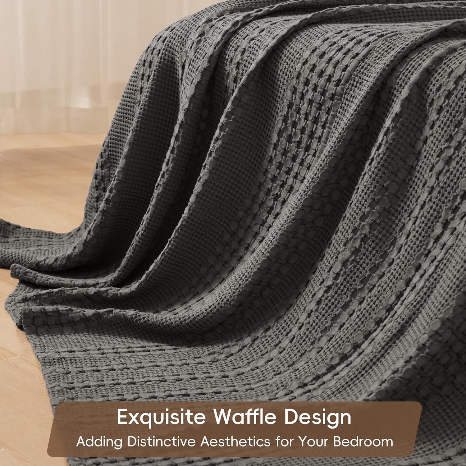 PHF 100% Cotton Waffle Weave Blanket, Lightweight Throw Washed Blanket for Bed Sofa Home Decor, Charcoal Grey, 50"x60"