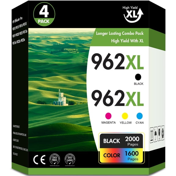 962 962XL Ink Cartridges Compatible for 962XL 962 4 Pack for OfficeJet Pro 9015 9020 9018 9025 9010 9018 9019 Printer (Black, Cyan, Magenta, Yellow)
