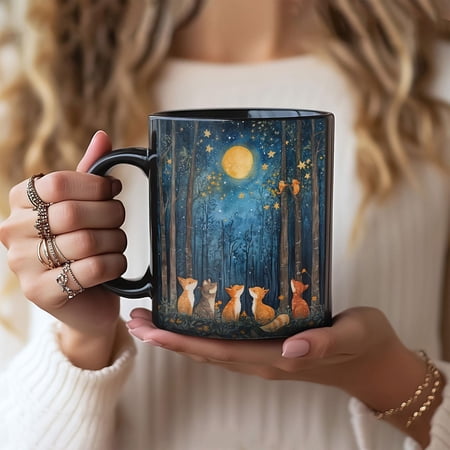 Forest Foxes and Animals Looking at Night Skies, Moon and Stars, Woodland Creatures Cup, Campfire Mug, Outdoor Adventure Mug