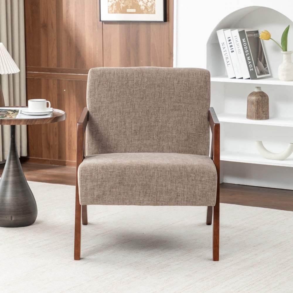 Mid Century Modern Accent Chair, Upholstered Reading Armchair with Rubber Wood Frame, Soft Fabric, Curved Arms for Living Room, Bedroom & Office, Light Coffee