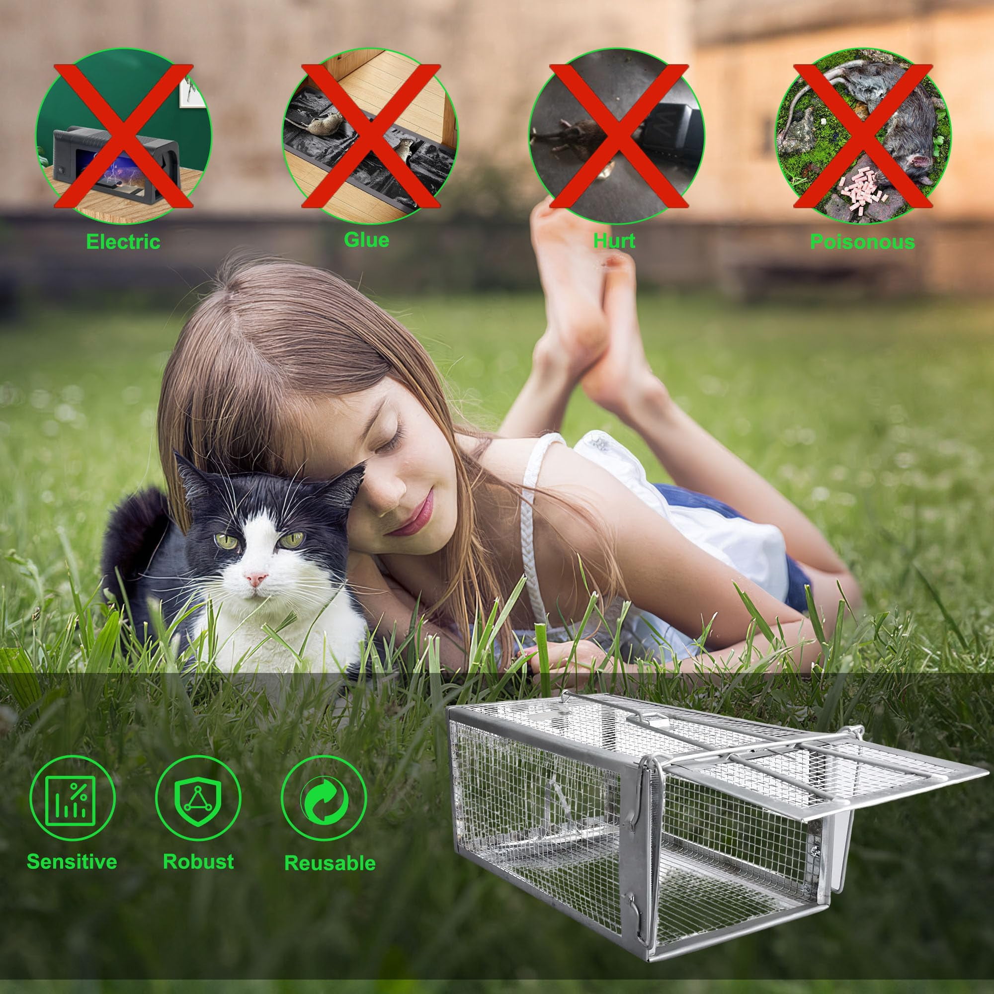 Humane Rat Traps 2-pack  No Small Animal Cage Live Mouse Catch And Release Trampa Para Ratones Chipmunk Rodent That Work For Indoor Outdoor - 12.3" L X 6.5" W 5.3" H