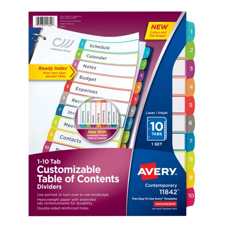 - Avery Customizable Table of Contents Dividers, Ready Index Printable Section Titles, Preprinted 1-10 Arched Multicolor Tabs, 1 Set (11842)