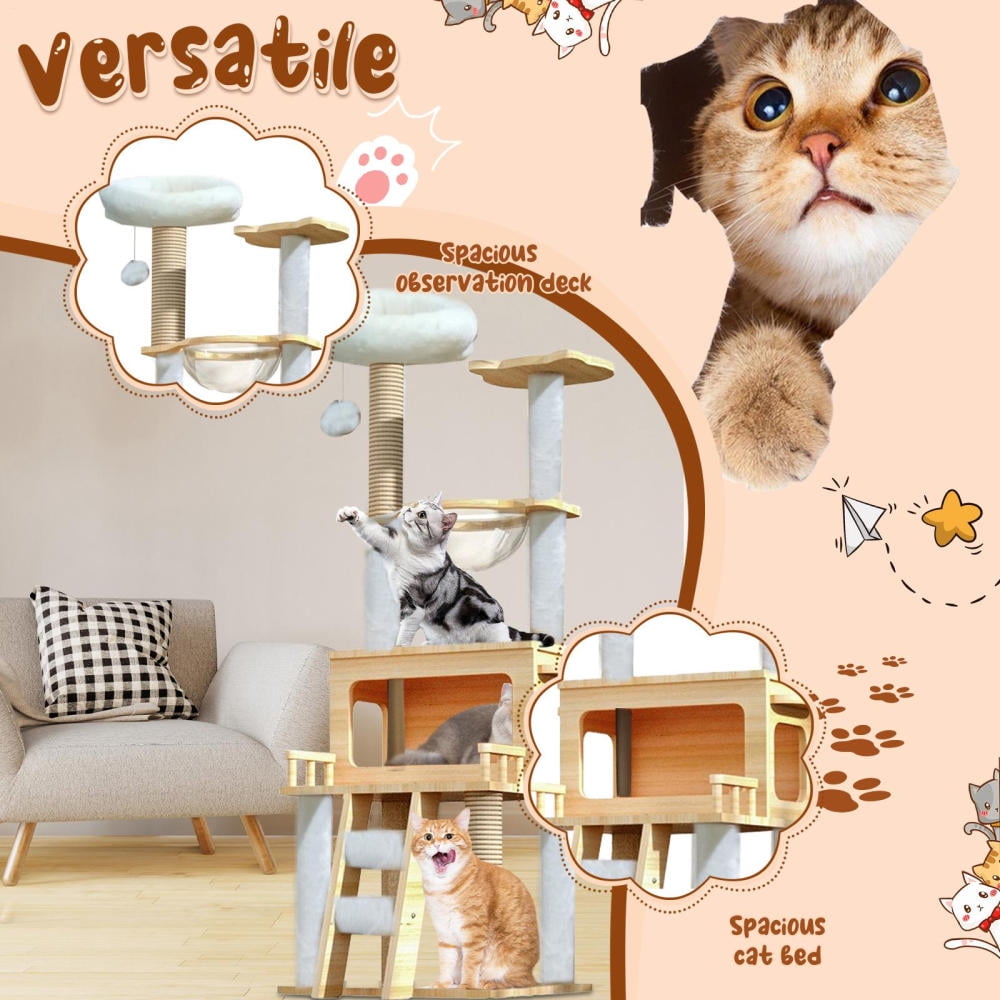 Modern Cat Condo Tower with Bowl, 57.8-Inch Tall Design for Multi-Cat Homes