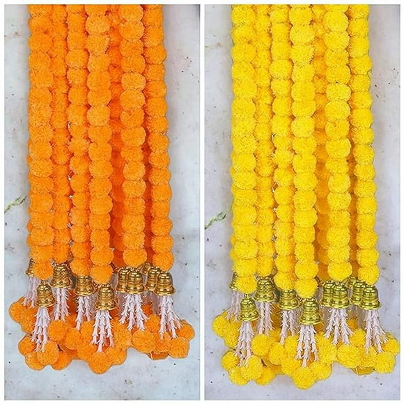 Guirlande de Fleurs Artificielles Faites à la Main pour Décoration de Porte Toran Genda Phool pour Mariage/festivals avec Clochettes et Rajnignadha (5 Jaune+5 Orange / 5 Pieds)
