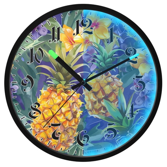 Ryvnso Pineapple Tropical Flowers 12 Inch Night Light Wall Clock Luminous Silent Battery Operate Clocks