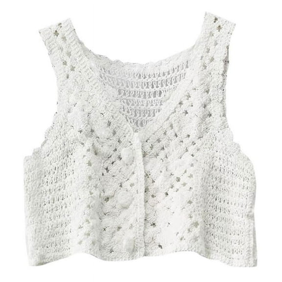 TIERPOP Women Crochet Knit Sleeveless Crop Top Vest Floral Lace Button Waistcoat for Jacket