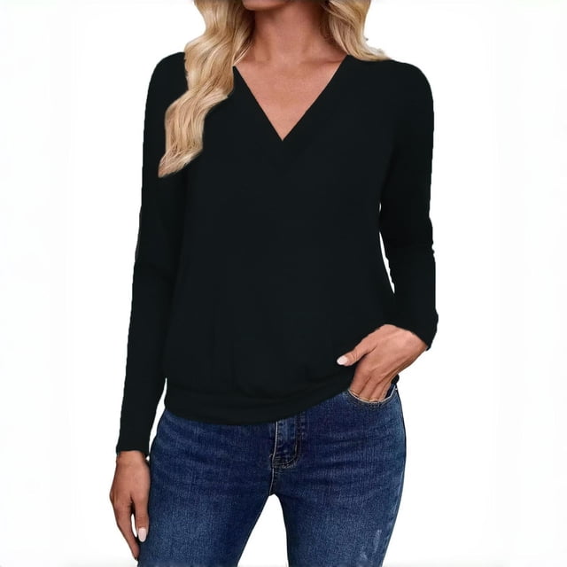 Timegard Women's Long Sleeve Shirts V Neck Ruched Dressy Casual Basic Tops Blouses Fall Solid Color Tee