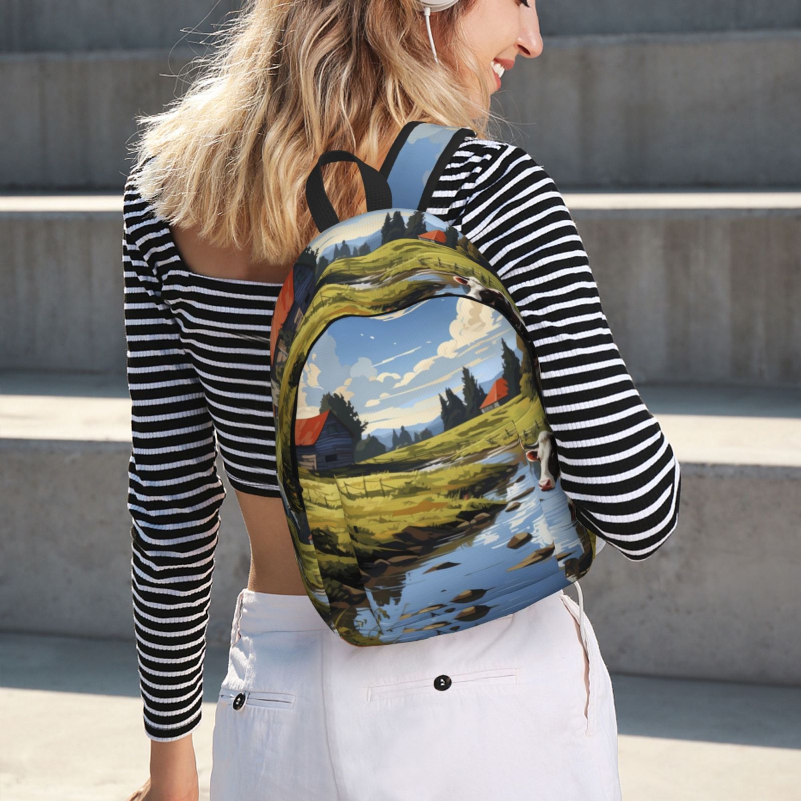 Picia Pasture Cow A Printed Canvas Daypack - Stylish and Durable Vintage Compact Backpack - Class, Work, Travel, or Laptop Bookbag,Organized Compartments-Medium