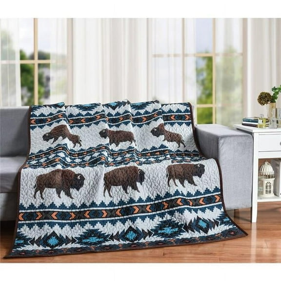 De Leon Collections 63093 60 x 50 in. Buffalo Blue Southwestern Boho Bison Decorative Throw Quilt Blanket, Multi Color