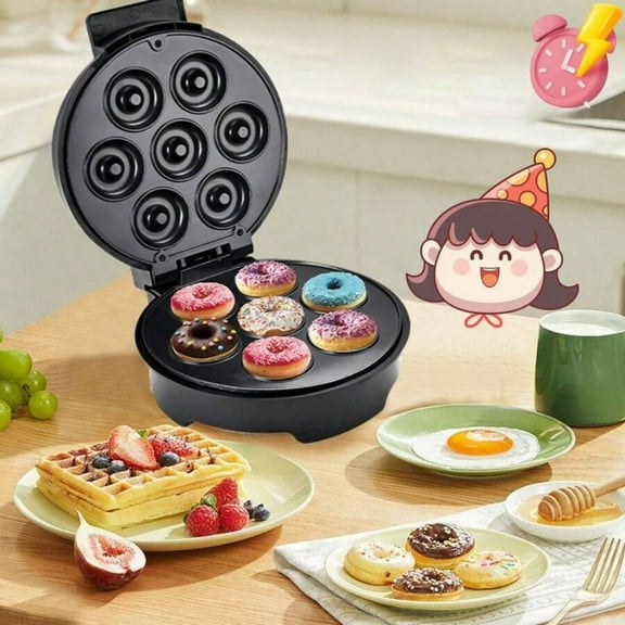 REZJSWFSMMJ Mini Donut Machine, Household Donut Making Machine, 7 Small Donut Machine, Non-Sticky Surface, Suitable Friendly Breakfast, Snacks, Desserts-Black