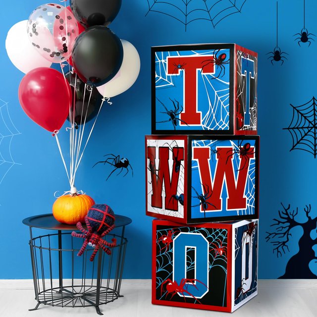 Cajas con globos para decoración de fiesta de segundo cumpleaños con forma de araña x3