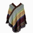 thumbnail image 2 of Prolriy Poncho Sweater Women Nationl Print Colourful Splice Poncho with Tassels Knitted Shawl Scarf Fringed Wraps Pashminas Sweater Cape Sweater Tassel Hem Shawl Wrap Cloak Sweaters for Women Yellow, 2 of 4