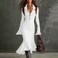 thumbnail image 2 of Pulls pour Femmes, Élégant Robe Chandail en Chiffon Uni à Manches Longues Demi-Fermeture à Glissière Évasées en Tricot Résille, Robe Maxi pour Femmes, 2 of 9