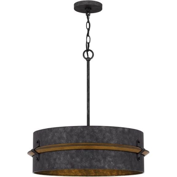 Quoizel Lariat 3-Light Old Black Drum Pendant Light with Wooden Trim