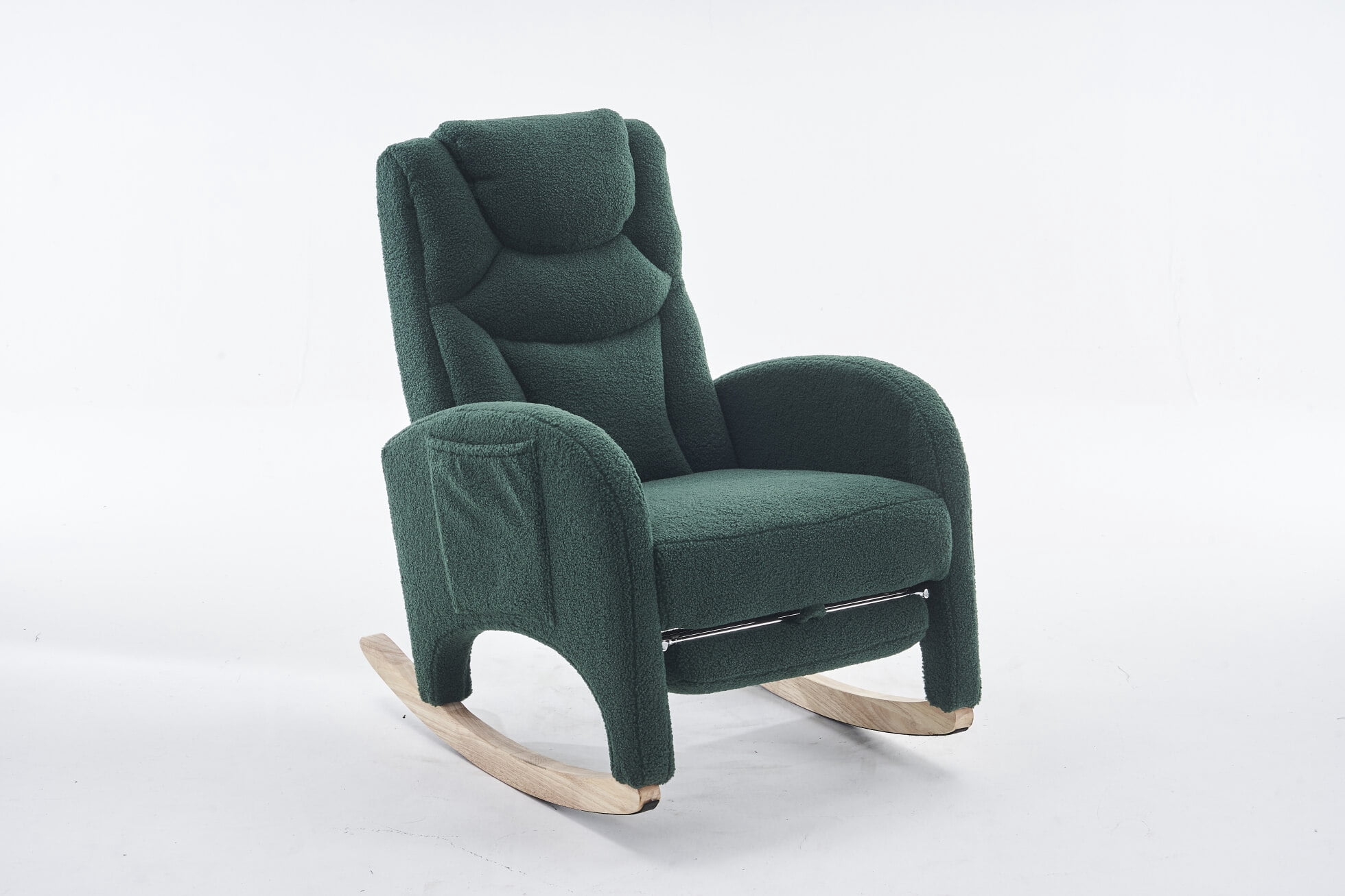 Nursery Rocking Chair with Two Side Pockets & Adjustable Footrest, Teddy Fabric Rocker with High Backrest, Modern Rocking Accent Chair for Living Room, Bedroom, Green