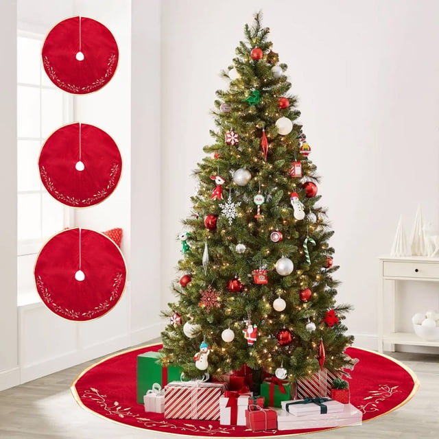 Xihbxyly Falda para Árbol de Navidad, Diseño Clásico de Hojas Rojas, Tela No Tejida de Primera Calidad, Elegante Base Navideña, Decoración Festiva para El Hogar, Perfecta para Fiestas, Tamaño de 122