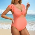 thumbnail image 2 of yueewhu Ruffle Ribbed Maternity Swimsuit One Piece High Waisted Pregnancy Bathing Suits Push Up Swimwear (Orange, L), 2 of 9