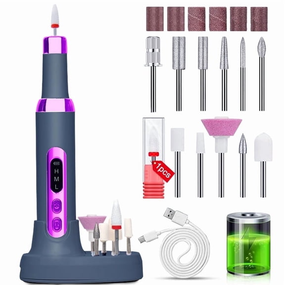 Electric Nail Drill Kit,Cordless Nail Drill for Acrylic Nails with 12 Drill Bits & Wireless Charging Base,High Torque Doxiry for Acrylic Nail Removal,Gray