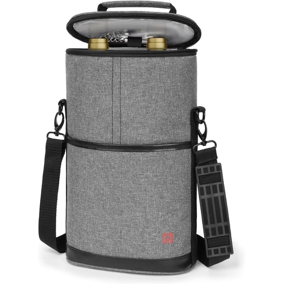 BRONZY 2 Bottle Insulated Wine Tote - Padded Canvas Carrier for Travel, BYOB Restaurant, Wine Tasting & Party (Gray)