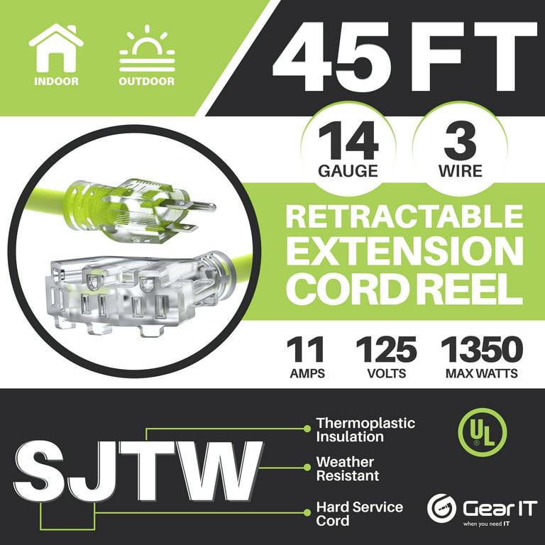 GearIT Retractable Extension Cord Reel (45ft) 14/3 AWG Gauge SJTW, 3  Outlets, LED Power Indicator, 11-Amps Circuit Breaker, 180 Degrees, UL  Listed for