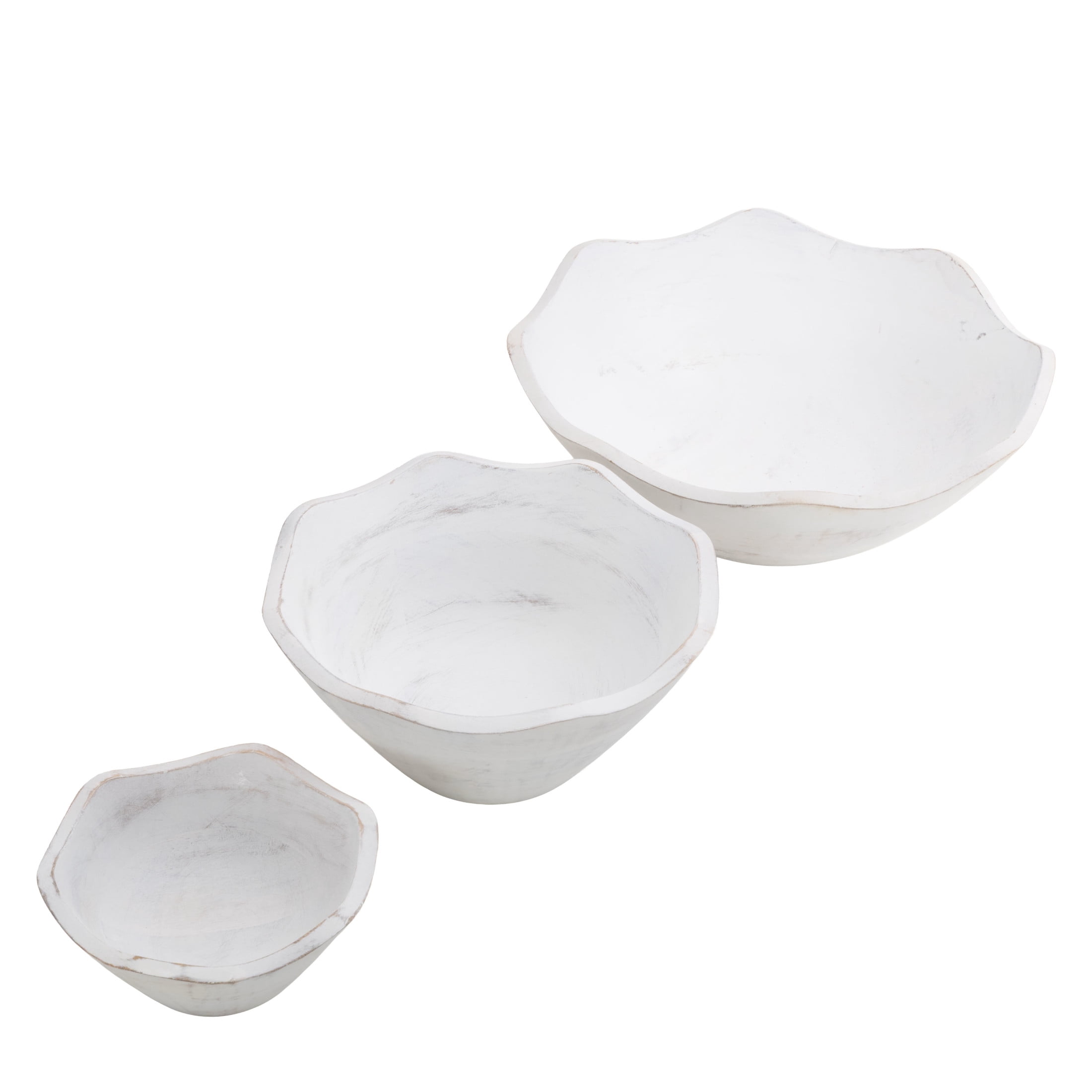 DecMode 12", 9", 6"W Handmade Round Floral White Mango Wood Decorative Bowl, Set of 3