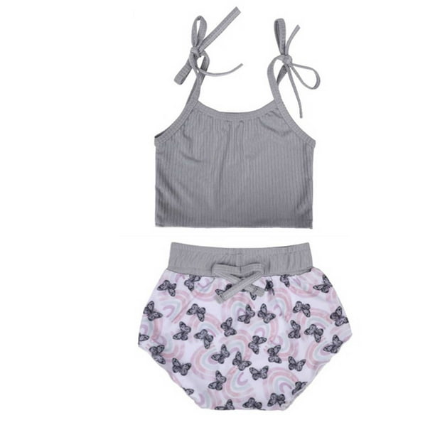 Gibobby Conjunto de ropa de bebé Conjunto de pantalones cortos estampados de dibujos animados sin mangas de color sólido para Niñas pequeña de 0 a 6 años(Gris, 2Años)