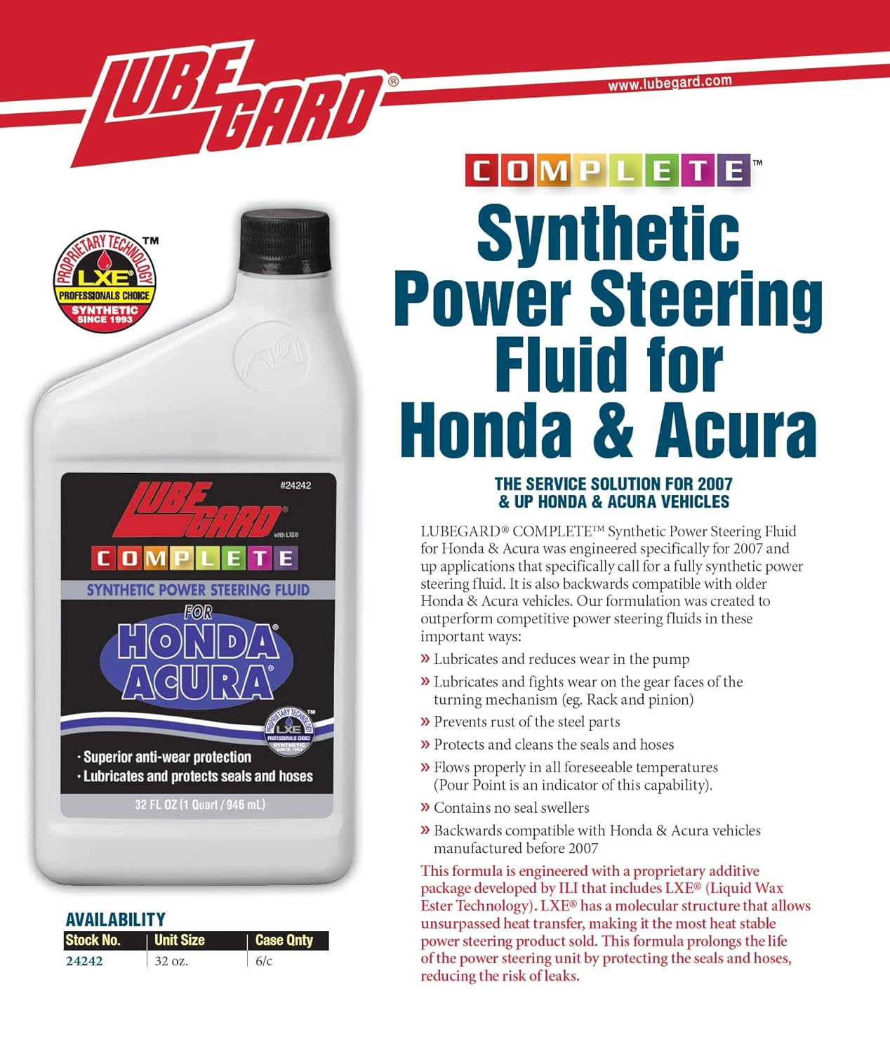 Lubegard 24242 Complete Synthetic Power Steering Fluid for Honda/Acura, 32 fl. oz