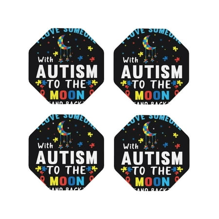 

Matuu I Love With Autism To The Moon And Back for Cup Coasters Set of 4 Leather Coasters Desk Coasters for Office Measures 4” x 4”-Octagon