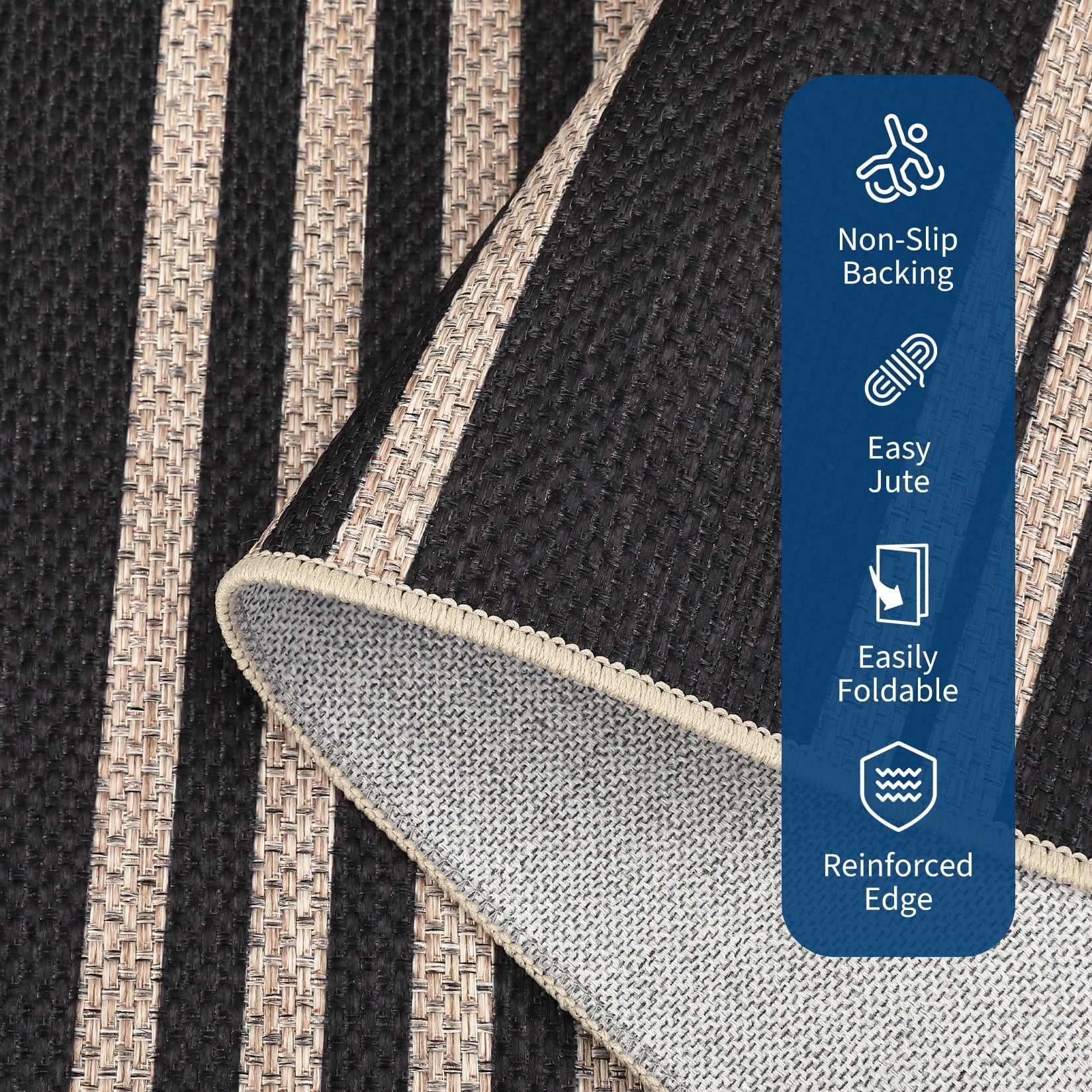 Garvee 4'x6' Modern Striped Area Rugs Easy Jute Rug with Non-Slip Backing, Washable Rug Neutral Print Indoor Outdoor Carpet for Bedroom Living Room Patio, Black White