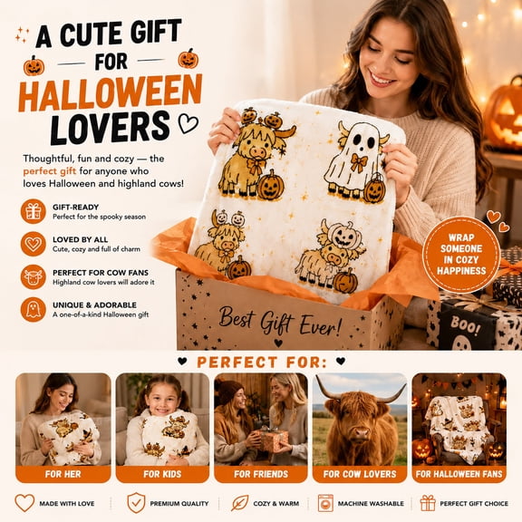 Halloween Flannel Blanket, Cute Ghosts Highland Cows Throws, Cozy Warm Throw Blanket for Couch Bed Chair, Thanksgiving Halloween Gift for Hot Sleepers #S