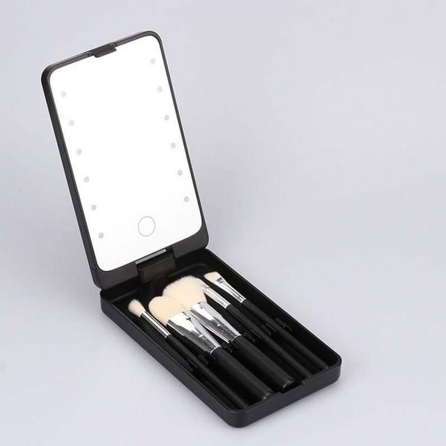 Pinceles de maquillaje, kit de maquillaje de viaje, juego de brochas de maquillaje con espejo de luz LED, espejo con juego de 5 brochas de maquillaje, caja de almacenamiento de brochas de maquillaje c