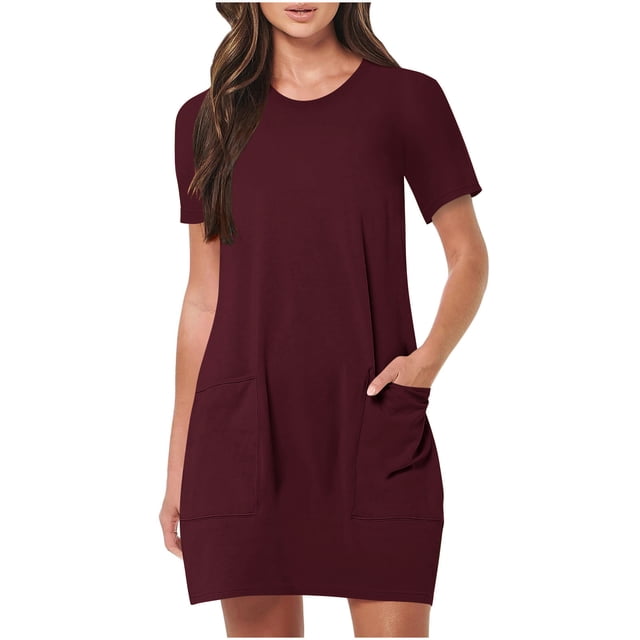 Mgmyaa Robe T-Shirt Décontractée pour Femmes avec Poches, Col Rond, Manches Courtes, Mini Robes avec Poches