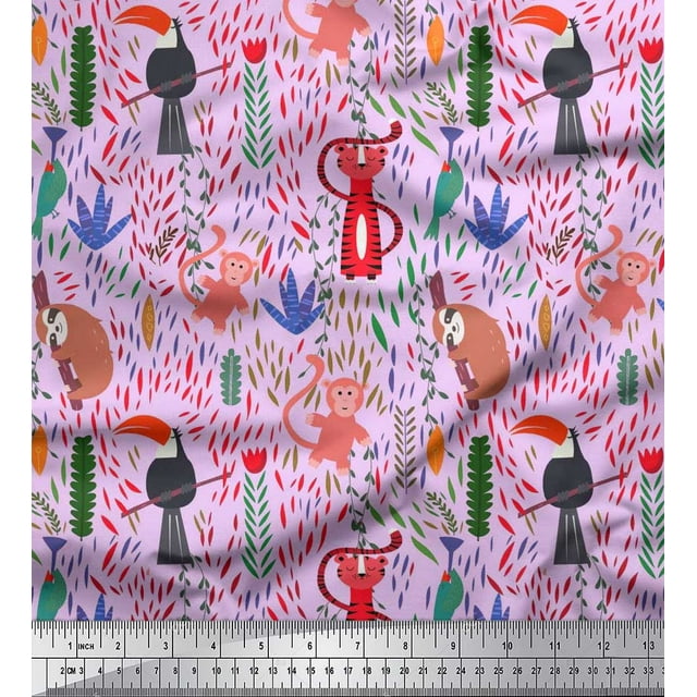 Soimoi Rayon Fabric Leaves & Cute Animals Cartoon Print Fabric by The Yard 56 Inch Wide
