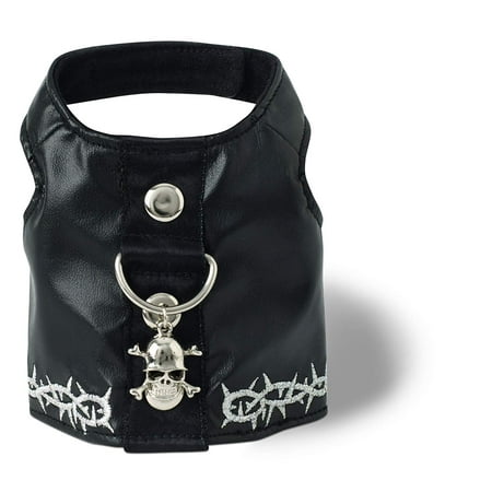 Embroidered Teacup - Biker Vest Dog Harness, Black, Teacup, Vest has embroidered barbed wire details By Doggles
