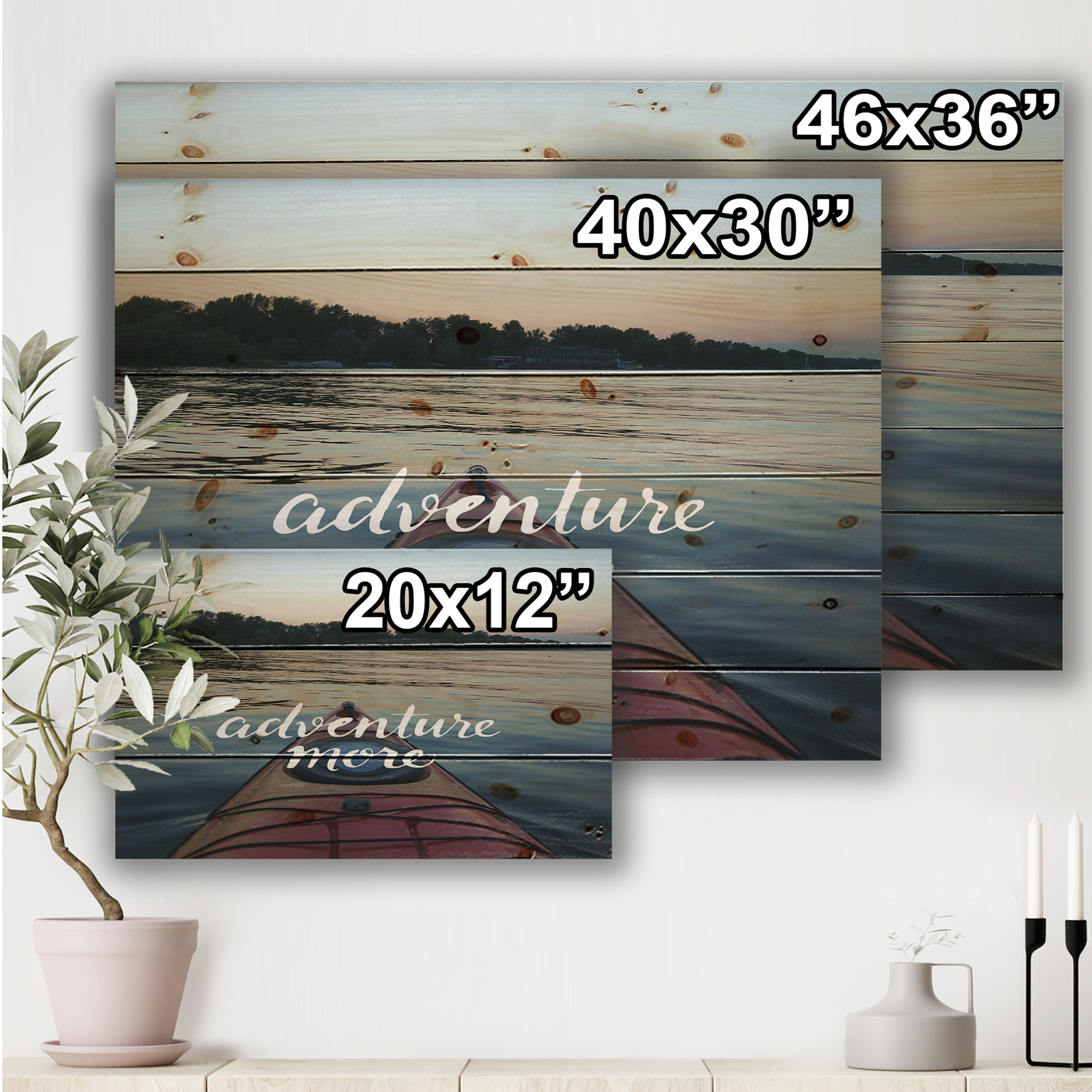 Designart 'Adventure More Kayak on River View' Nautical & Coastal Print on Natural Pine Wood