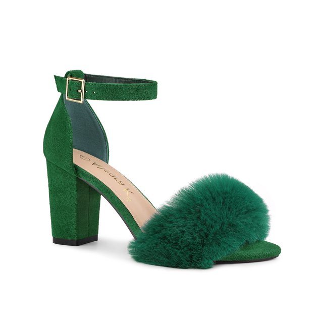BLISSFUL STEP Women's Ankle Strap Faux Fur Block Heels Sandals Green (Size 9)