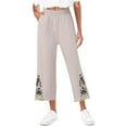 thumbnail image 6 of Women's Cotton Linen Printed Embroidered Wide-Leg Pants Elastic Waist Casual Palazzo Trousers with Pockets, 6 of 6