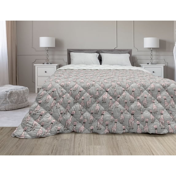 Easter Down Alternative Comforter, Rabbits with Flowers and Hearts Spring Bunnies, Microfiber Quilt for All Season, 5 Sizes, Pale Peach Multicolor, by Ambesonne