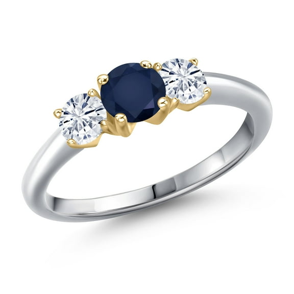 Gem Stone King 10K Two Tone Gold Blue Sapphire and White Moissanite Engagement Ring for Women | 1.06 Cttw | Round 5MM | Gemstone September Birthstone | Size 5