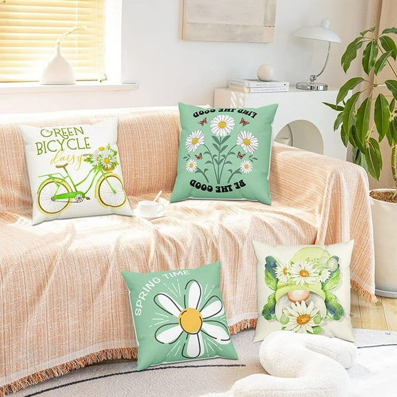Outdoor Green Spring Throw Pillow Covers 18x18  Bicycle Summer Decorative Cushion Cases Home Décor Flower Decorations for Patio Couch Chair Sofa,Daisy Floral Gnomes