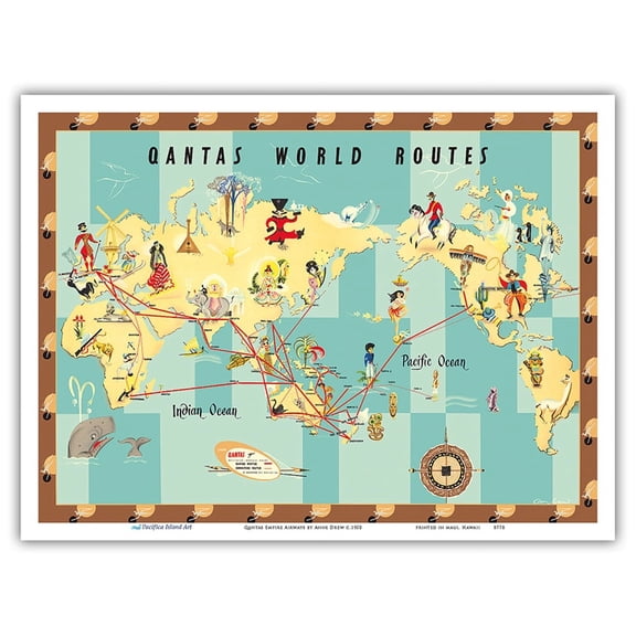 Qantas Empire Airways - World Air Routes - Vintage Airline Travel Poster by Anne Drew c.1950 - Master Art Print (Unframed) 9in x 12in