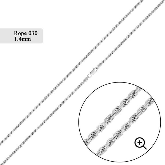 Sterling Silver 925 High Polished DC Rope 030 Chain 1.4mm Made in Italy 20" Jewelry Female Unisex