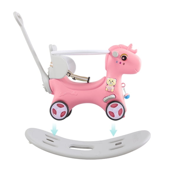 Rocking Horse for Kids, SUREGO Balance Riding Horse with 4 Wheels, Toddler Ride on Toy with Push Handle for Boys & Girls, Ages 12 Months to 3 Years, Pink