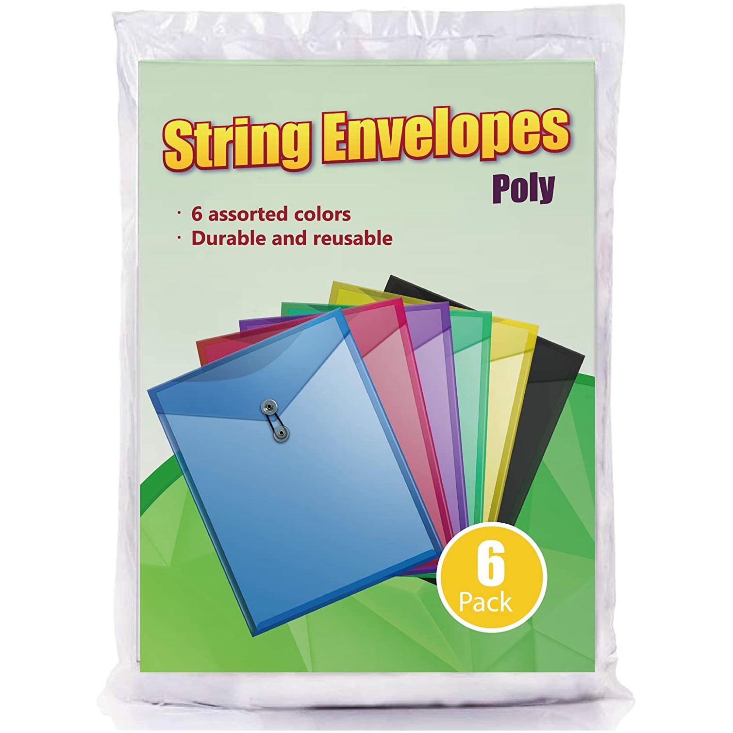 Poly Envelopes with Elastic String Closure, 6Pack, Assorted Colors