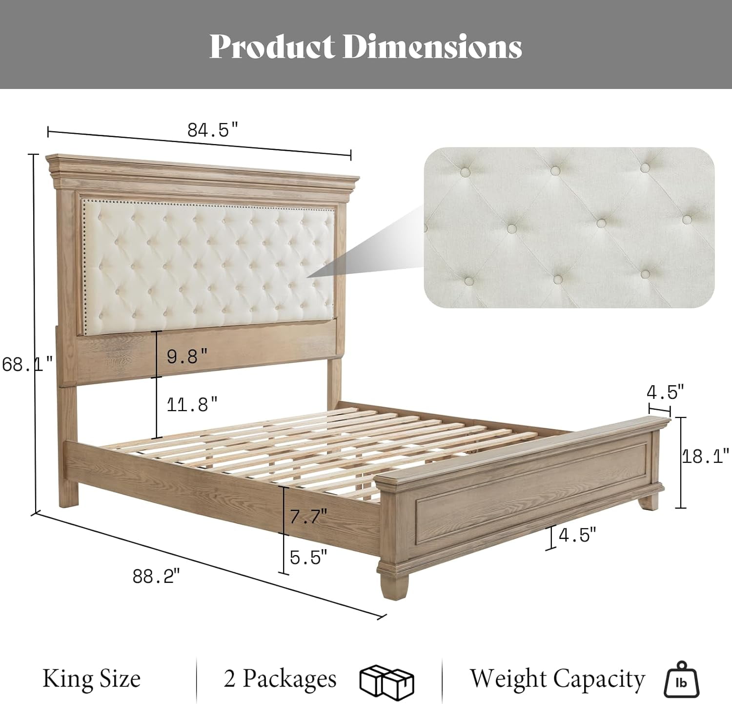 Merluxy 68.1" H King Size Bed Frame with Upholstered Headboard, Solid Wood Mid-Century Platform Bed, Architectural Design, Light Oak