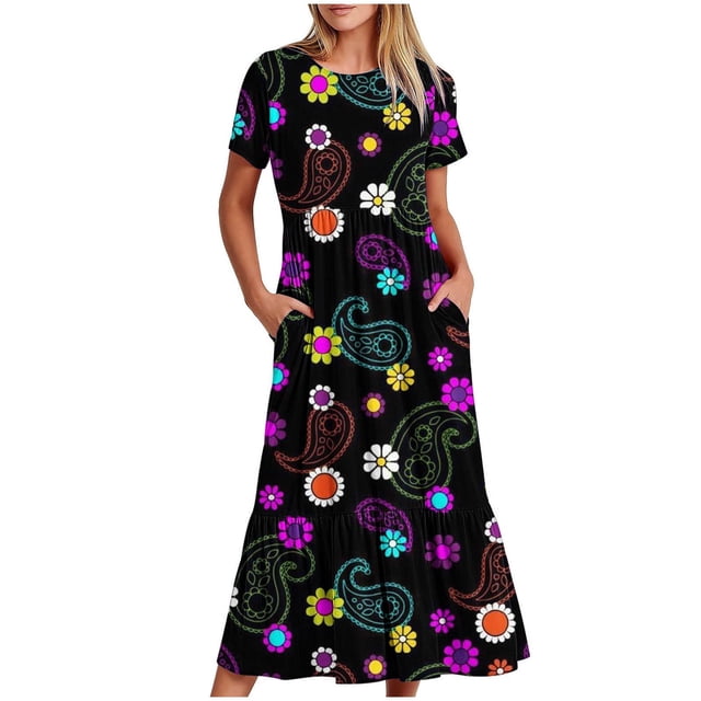 Robes pour Femmes 2024 Été Surdimensionné Manches Courtes Col Rond Jupe Mi-Longue avec Imprimé Superposé Double Poche Robe 50 % de Réduction Liquidation!