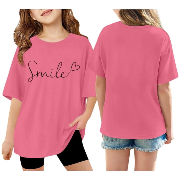JAJAHO Girls Summer Top Oversized T Shirts For Girl Short Sleeve Crew Neck Letter Graphic Tee 3-14Y Baggy Streetwear Comfortable Tops